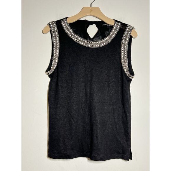 Generation Love NEW Black Linen Lucy Beaded Crystal Back Tie Tank Top Blouse M - Picture 1 of 7